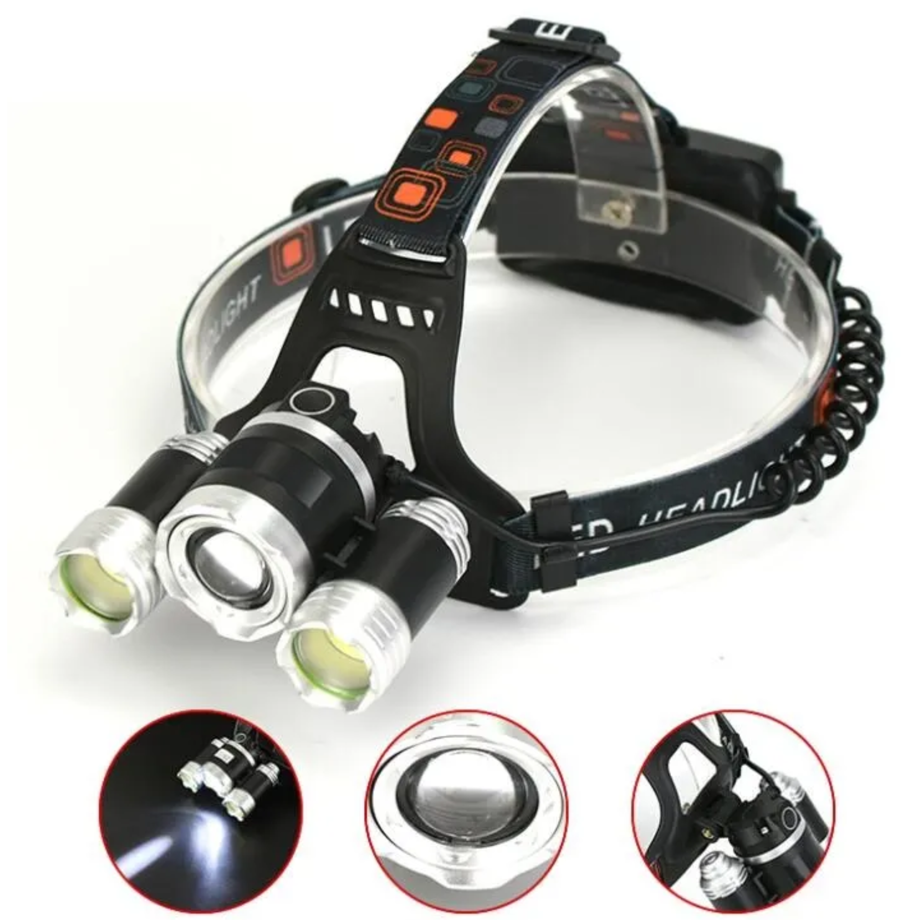 Linterna Frontal 3 Faros LED USB